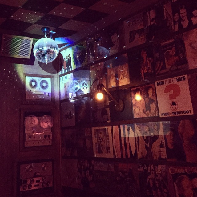 Public #karaoke room decked out with a disco ball and vinyls. #80s # ...